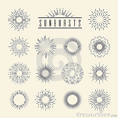 Vintage sunburst. Hand drawn geometric sunrise firework sunset blast sunbeam burst sunshine sun ray shape decorative Vector Illustration