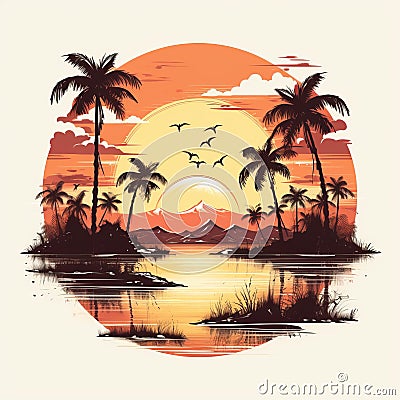 Vintage Sunset Oasis: Vector Graphics On White Background Stock Photo