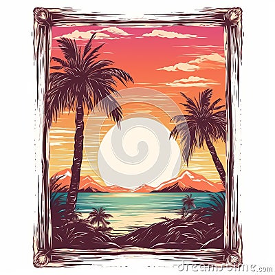 Vintage Sunset Oasis Picture Frame With Vector Graphics Stock Photo