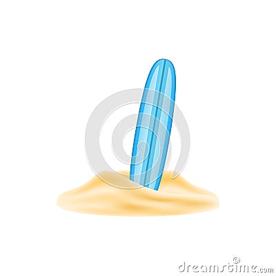 Vintage surf board in blue design standing in sand Vector Illustration