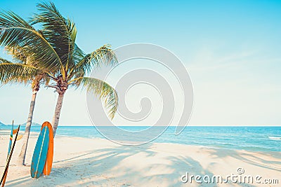 Vintage surf board with palm tree on tropical beach Stock Photo