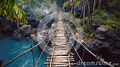 Vintage suspension wooden bridge in jungle, old dangerous footbridge across river. Landscape of tropical forest, rocks and blue Stock Photo