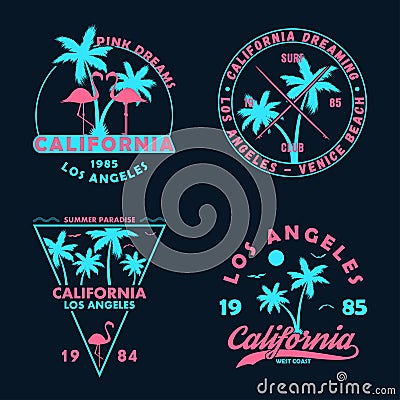 Vintage t-shirt design. Badges and emblems set with California prints. Graphics collection for apparel, labels and patches. Vector Illustration