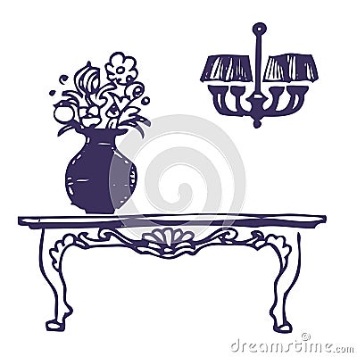 Vintage table, vase with flowers and chandelier Vector Illustration
