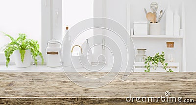 Vintage tabletop for product display with defocused modern kitchen background Stock Photo