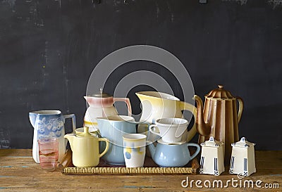 Vintage tableware, coffee pots,mugs coffee filter Stock Photo