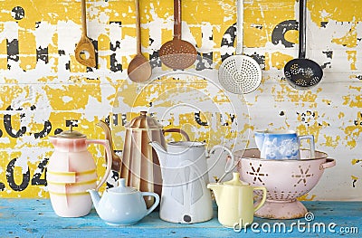 Vintage tableware and kitchen utensils Stock Photo