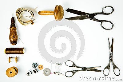 Vintage tailor`s tools set - old instrument for hand made tailoring Stock Photo