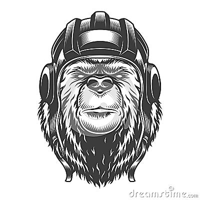 Vintage tankman bear head in helmet Vector Illustration