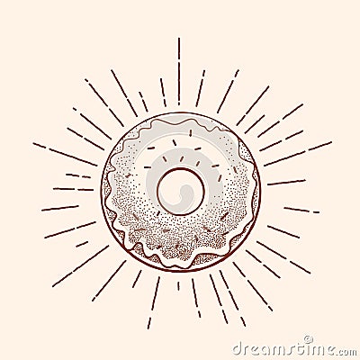 Vintage Tattoo Illustration. Abstract Vector Donut Sign, Symbol or Logo Template in Dot Work Style and Retro Rays. Vector Illustration