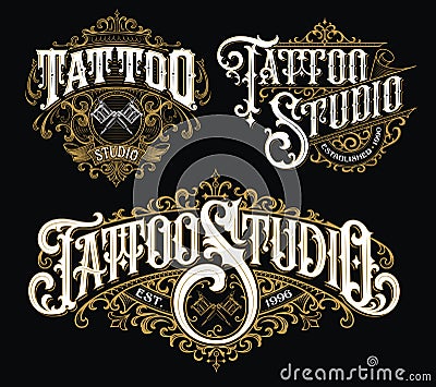 Vintage tattoo lettering logo set. Highly detailed tattoo emblems, logo, badges and t-shirt graphics. Vector Illustration