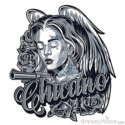 Vintage tattoo of pretty chicano girl Vector Illustration