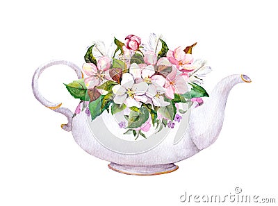 Vintage tea pot - apple, cherry flowers. Watercolor Stock Photo