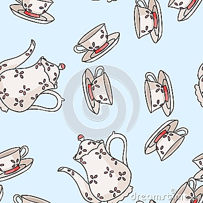 Vintage tea set sticker doodle colorful seamless pattern Vector Illustration