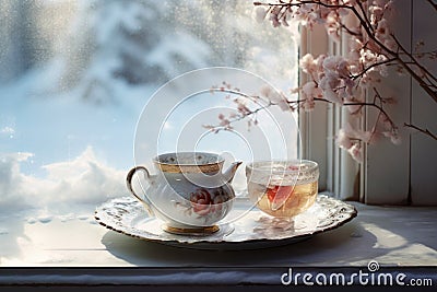 A vintage teapot and cup with blooming flowers by a window with a snowy view and delicate pink blossoms. Cozy home comcept Stock Photo