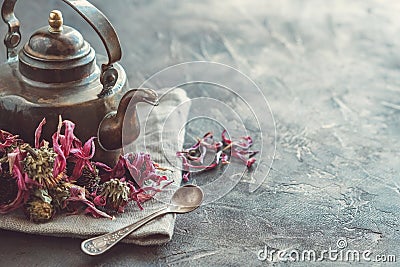 Vintage teapot of healthy echinacea tea and dry coneflower buds Stock Photo