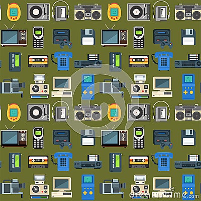 Vintage technologies vector retro audio multimedia entertainment old electronic gadget communication seamless pattern Vector Illustration