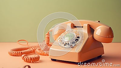 A vintage telephone with a cord and rotary dial set against a pastel-colored background created with Generative AI Stock Photo