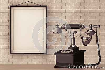 Vintage Telephone in front of Brick Wall with Blank Frame Stock Photo