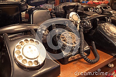 Vintage telephones on the table Stock Photo