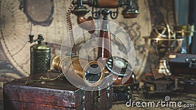 Vintage Telescope And Old Pirate Collection Stock Photo