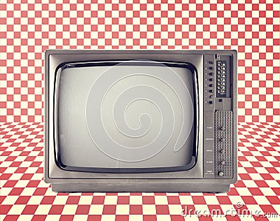 Vintage television isolate on Red checkerboard pattern , Stock Photo