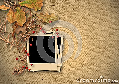 Vintage textured background with faded autumn leaves and photo-frame Stock Photo