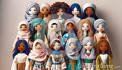 Vintage Textured Dolls Showcase Cultural Diversity. AI generated. Stock Photo