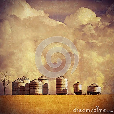 Vintage textured summer farm landscape Cartoon Illustration