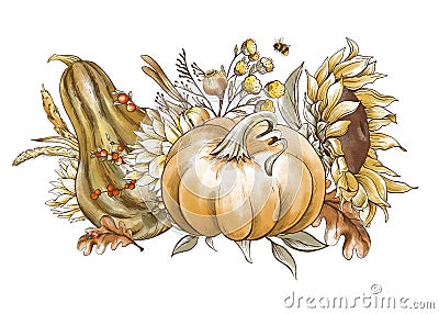 Vintage Thanksgiving harvest floral natural botanical illustration Cartoon Illustration