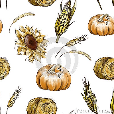 Vintage Thanksgiving harvest floral natural seamless pattern Stock Photo