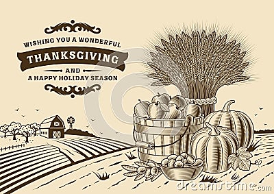 Vintage Thanksgiving Landscape Brown Vector Illustration