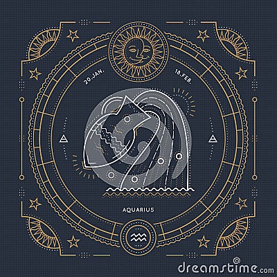 Vintage thin line Aquarius zodiac sign label. Retro vector astrological symbol, mystic, sacred geometry element, emblem Vector Illustration