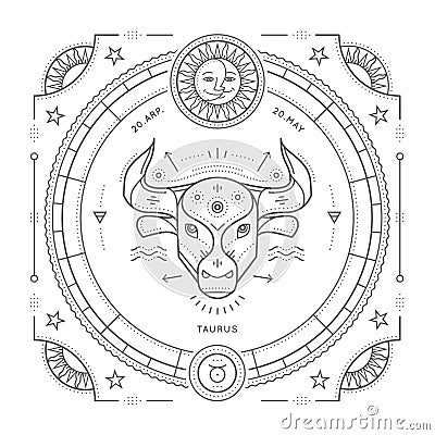 Vintage thin line Taurus zodiac sign label. Retro vector astrological symbol, mystic, sacred geometry element, emblem Vector Illustration