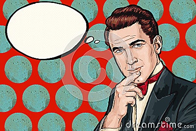 Vintage thinking Pop Art Man with thought bubble. Party invitation. Man from comics. Dandy. Gentleman club. think, thought, idea Stock Photo