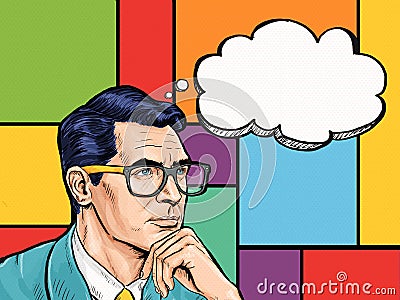 Vintage thinking Pop Art Man with thought bubble. Party invitation. Man from comics. Gentleman club. think, thought, idea Stock Photo