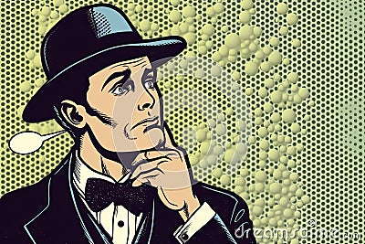 Vintage thinking Pop Art Man with thought bubble.Party invitation Stock Photo