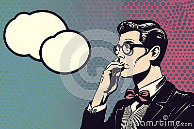 Vintage thinking Pop Art Man with thought bubble.Party invitation Stock Photo
