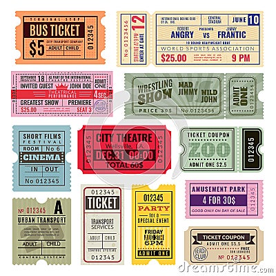 Vintage tickets. Hand ticket of circus, cinema and concert party. Old paper voucher, travelling cruise raffle coupon Vector Illustration