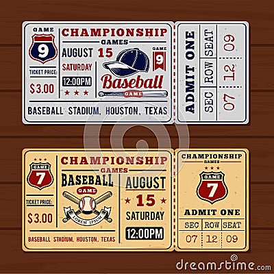 Vintage tickets to the championship baseball and softball Cartoon Illustration