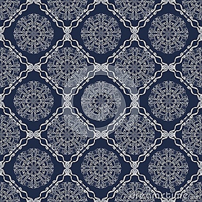 Vintage tile, geometric patterned dark blue vector background, white calligraphic drawing in retro victorian style. Fine oriental Vector Illustration