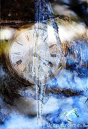 A vintage timepiece frozen under water. Stock Photo