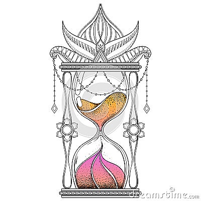 Vintage timer with color sand in dotwork tattoo design for alchemist t-shirt print. Hand drawn antique wizard hourglass vector il Vector Illustration