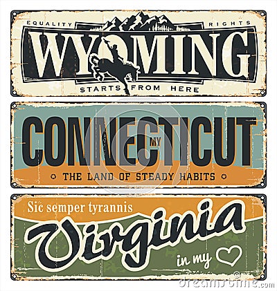 Vintage tin sign collection with America state. Wyoming. Connecticut. Virginia. Retro souvenirs on rust background. American Vector Illustration