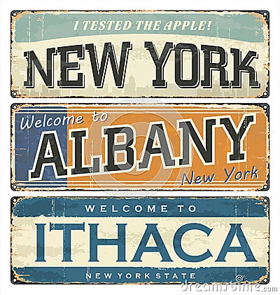 Vintage tin sign collection with US cities. New York. Albany. Ithaca. NYC t shirt. Vector Illustration