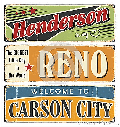 Vintage tin sign collection with USA cities. Henderson. Reno. Carson City. California. Vector Illustration