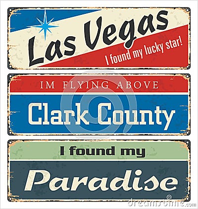 Vintage tin sign collection with USA cities. Las Vegas. Clark County. Paradise. Retro souvenirs or postcard templates on rust back Vector Illustration