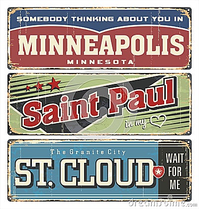 Vintage tin sign collection with USA cities. Minneapolis. Saint Paul. St. Cloud. Retro souvenirs. Vector Illustration