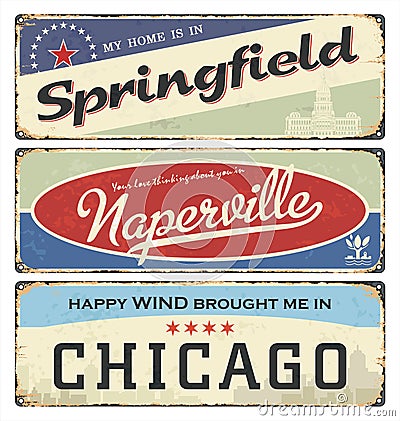 Vintage tin sign collection with USA cities. Springfield. Naperville. Chicago. Retro souvenirs. Vector Illustration