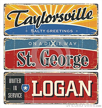 Vintage tin sign collection with USA cities. Tourist destination. Top ten. City. America. Retro souvenirs or postcard templates on Vector Illustration